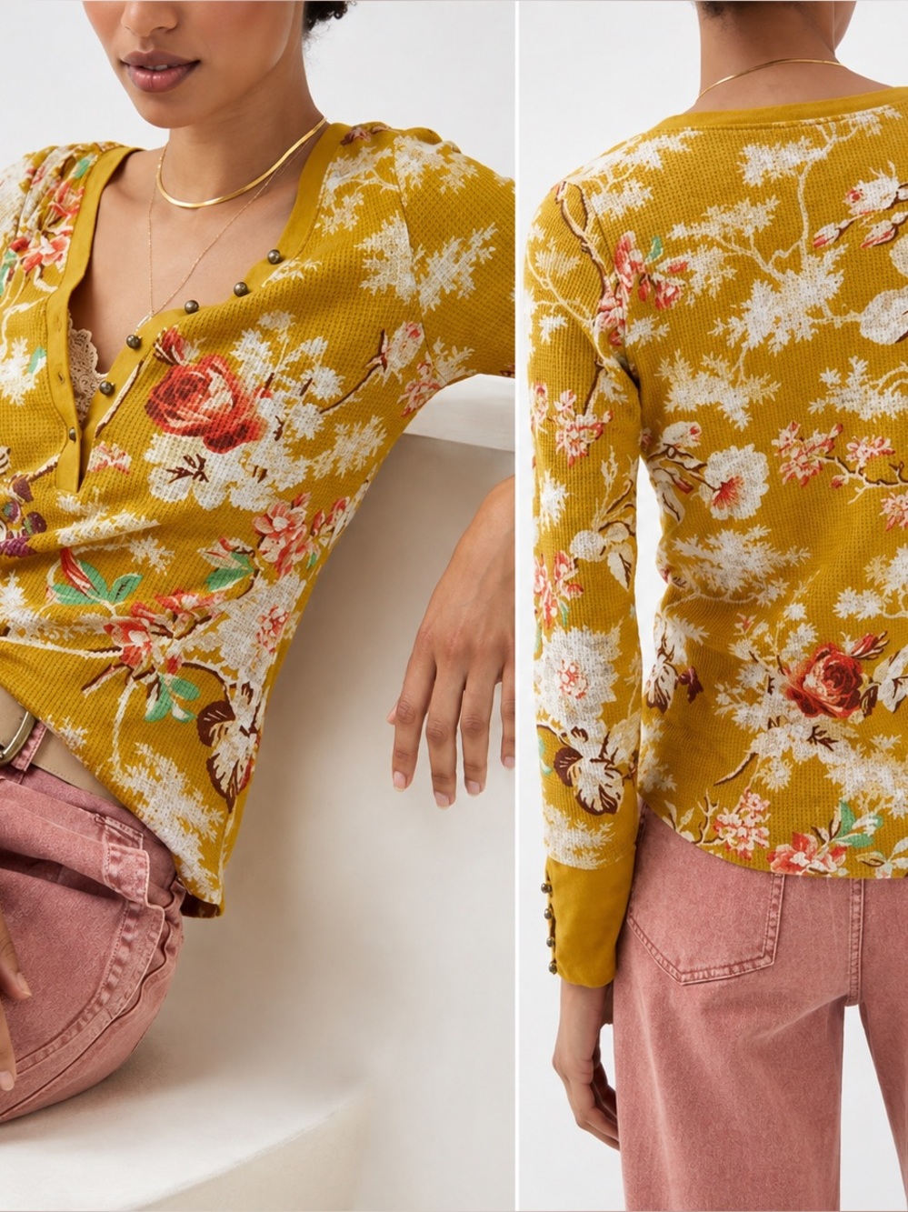 Anthropologie Yellow Floral Waffle Henley Long-Sleeve Top Cottagecore Boho